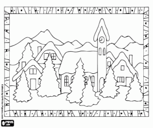desenho de Paisagem emoldurado de uma vila no Natal para colorir