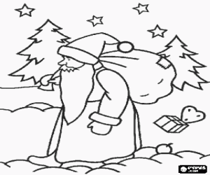 desenho de Papai Noel carregando o grande saco de presentes de Natal na floresta sob um céu estrelado para colorir