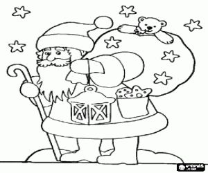 desenho de Papai Noel com um grande saco cheio de presentes para o Natal para colorir