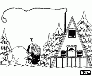desenho de Papai Noel com um saco grande presente na frente de uma casa com uma chamin� muito estreita para colorir