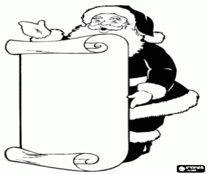 desenho de Papai Noel com uma grande folha de papel para fazer a lista de presentes para colorir
