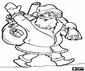 desenho de Papai Noel cumprimentando com a mão e carregando o grande saco de presentes para colorir