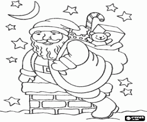 desenho de Papai Noel descendo pela chamin� de uma casa na noite de Natal com um saco cheio de brinquedos para colorir