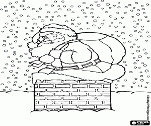 desenho de Papai Noel descendo pela chamin� sob um forte nev�o para colorir