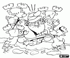 desenho de Papai Noel em apuros para passar pela chamin�, as renas est�o empurrando-o para colorir