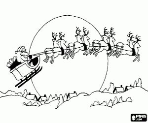 desenho de Papai Noel em seu tren� m�gico puxado por renas voadoras na noite de Natal para colorir