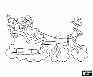desenho de Papai Noel em seu tren� m�gico voador puxado por uma rena de Natal e carregado com presentes para colorir