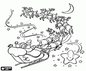 desenho de Papai Noel em seu tren� puxado por renas voando magia para colorir