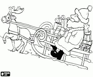 desenho de Papai Noel no seu tren� com uma rena e carregado de presentes sobre a neve para colorir