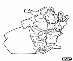desenho de Papai Noel ou Pai Natal distribuindo os presentes de Natal para colorir