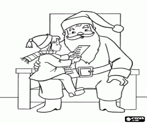 desenho de Papai Noel  ou Pai Natal em sua cadeira e uma menina com a lista de presentes sentada em seu colo para colorir
