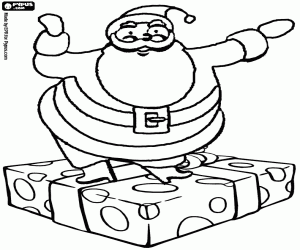 desenho de Papai Noel ou Pai Natal feliz com os braços abertos em pé em cima de um grande dom para colorir