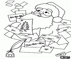 desenho de Papai Noel ou Pai Natal na leitura das cartas das crianças que recebeu para o Natal para colorir