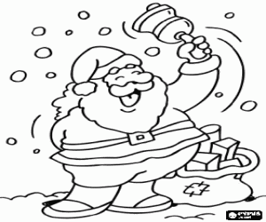 desenho de Papai Noel ou Santa Claus rindo e tocando o sino na neve para colorir