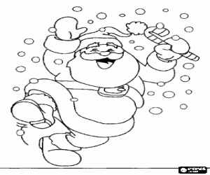 desenho de Papai Noel pulando de alegria com os flocos de neve para colorir