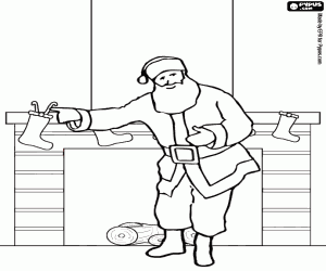 desenho de Papai Noel que p�r os presentes nas meias penduradas da lareira para colorir