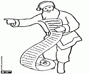 desenho de Papai Noel verificando a lista de nomes para entregar os presentes de Natal para colorir