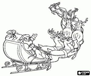 desenho de Papai Noel voando no seu tren� de Natal puxado por renas m�gicas para colorir