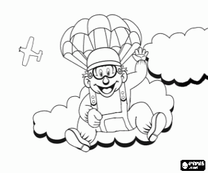 desenho de Paraquedista descendo atrav�s das nuvens em um p�ra-quedas depois de saltar de um avi�o para colorir