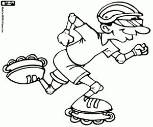 desenho de Patinador de velocidade equipado com capacete, luvas, cotoveleiras, joelheiras, patins em linha ou rollerblade  para colorir