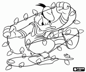 desenho de Pato Donald furioso tentando colocar uma guirlanda de luzes de Natal para colorir
