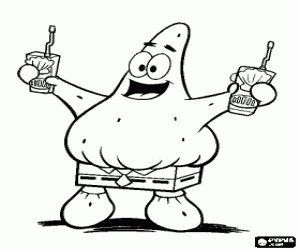 desenho de Patrick Estrela na praia com dois drinks na m�o e vestido com as cal�as de Bob para colorir
