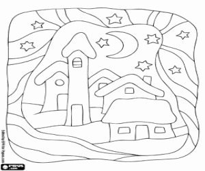 desenho de Pequena cidade com o c�u cheio de estrelas na v�spera de Natal para colorir