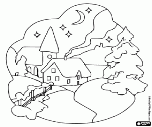 desenho de Pequena cidade completamente nevada na v�spera de Natal para colorir