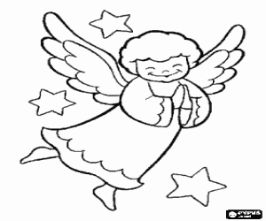 desenho de Pequeno anjo sorridente ao lado das estrelas para colorir