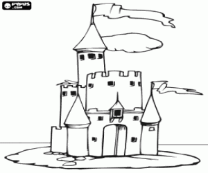desenho de Pequeno castelo com uma torre alta com bandeira para colorir