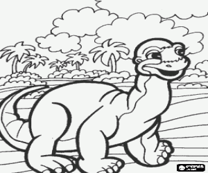 desenho de Pequeno dinossauro caminhando perto de algumas palmeiras para colorir
