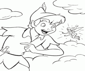 desenho de Peter Pan e Sininho falando nas nuvens para colorir