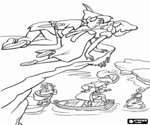 desenho de Peter Pan e Wendy olhando como os piratas deixan a reclusa em uma pequena pedra no meio da �gua para colorir