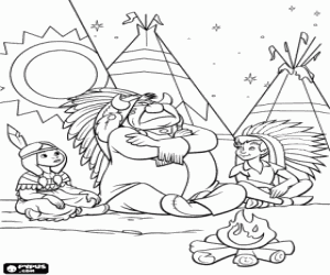 desenho de Peter Pan, no acampamento da tribo ind�gena Piccaninny com a jovem princesa e seu pai, o chefe indio para colorir