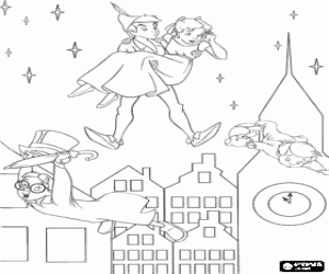 desenho de Peter Pan, Wendy, John e Michael voando atrav�s do c�u de Londres para colorir