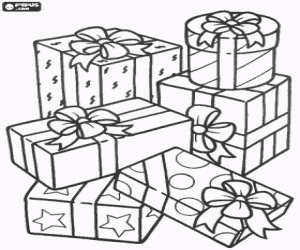 desenho de Pilha de presentes de Natal com bonitos la�os para colorir