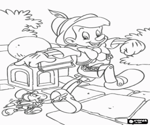 desenho de Pin�quio, alegre e feliz, caminhando para a escola com Grilo Falante para colorir