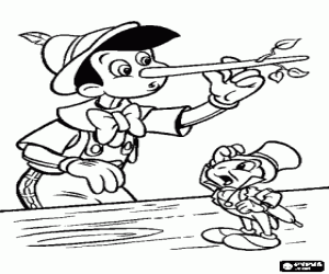 desenho de Pin�quio com uma longa nariz por causa de suas muitas mentiras com o seu amigo e conselheiro Grilo Falante para colorir