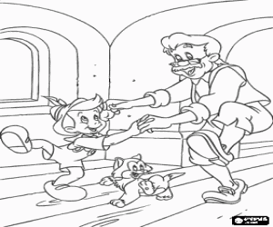 desenho de Pin�quio e Gepeto dan�ando felices para comemorar que Pin�quio � um menino verdadeiro para colorir