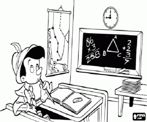 desenho de Pin�quio na tabela e estudando na escola para colorir