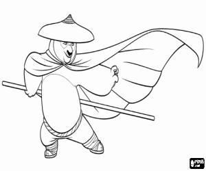 desenho de Po, o panda estrela do Kung Fu Panda, com chap�u, capa e uma vara longa para colorir