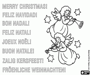 desenho de Postais de Natal com dois anjos musical entre as estrelas para colorir