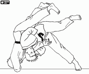 desenho de Praticantes de jud� ou judocas executando um toque ou movimento de judo no tatami para colorir