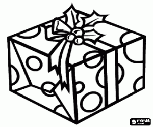 desenho de Presente de Natal envolto em um papel de bolinhas e adornado com uma fita e folhas de azevinho para colorir