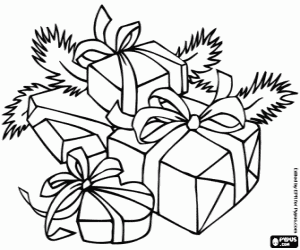 desenho de Presentes de Natal adornadas com fitas e folhas do pinheiro para colorir