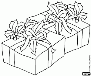 desenho de Presentes de Natal com fitas, la�os e ramos de azevinho para colorir
