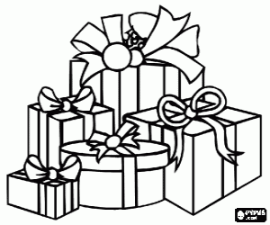 desenho de Presentes de Natal em diferentes caixas com fitas para colorir
