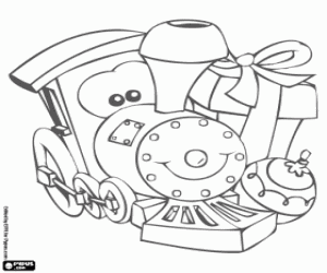 desenho de Presentes de Natal, incluindo um trem de brinquedo para colorir