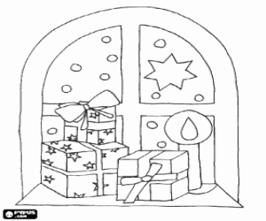 desenho de Presentes de Natal na frente de uma janela com uma vela acesa na v�spera de Natal para colorir