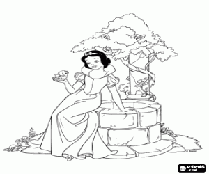 desenho de Princesa Branca de Neve sentada ao lado de um po�o e com um p�ssaro na m�o para colorir